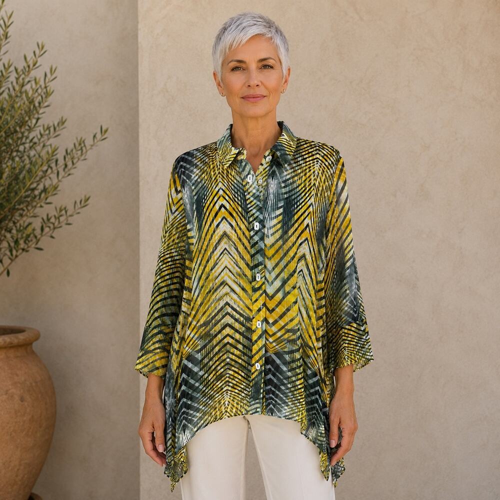 IC by Connie K Yellow Black Semi Sheer Button Top Tunic Large